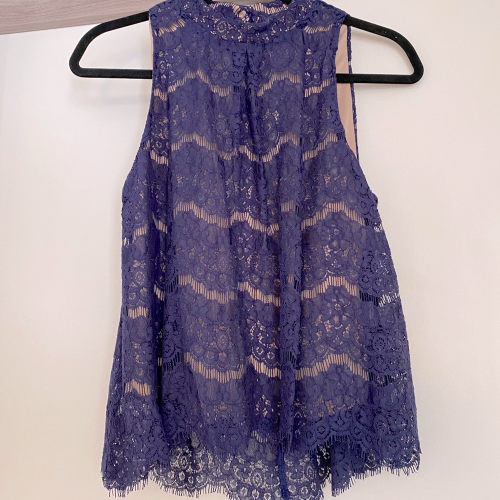 Love, Fire Navy Blue & Tan Lace Overlay Top